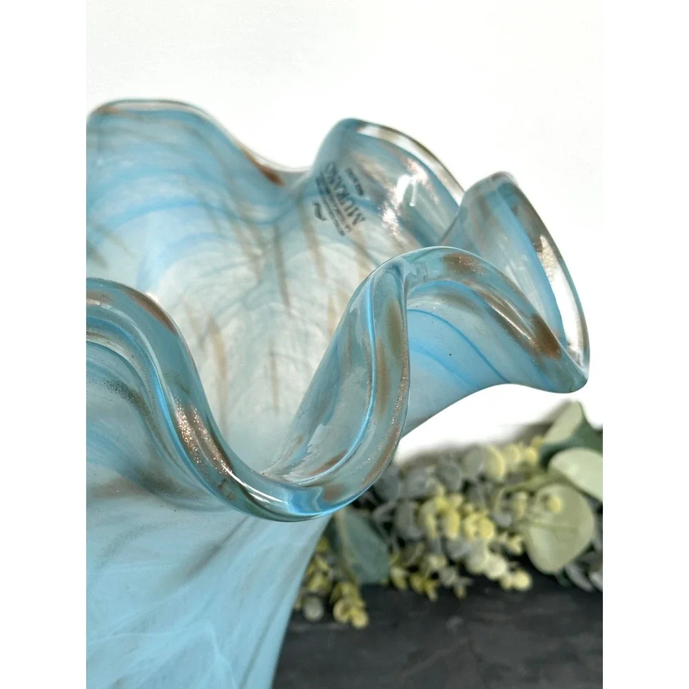 Blue Murano Art Blown Glass Vase Handkerchief Italian white Gold Swirl 11 x 14